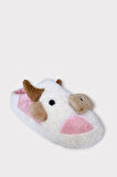 İnek Figürlü Nakışlı Kaydırmaz Taban Kışlık Unisex Ev Terliği BEYAZ - PUDRA