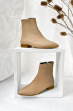 Bilekte Biten Fermuarlı Kısa Topuklu Bot-Nude-37