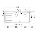 Franke Neptune NEX 621 - Evye Paslanmaz Çelik (inox) - Tezgah Üstü 2 Gözlü Sol Damlalıklı