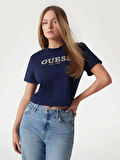 Guess Kadın Pembe Crop Yıkanmış Logolu Tişört