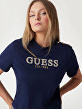 Guess Kadın Pembe Crop Yıkanmış Logolu Tişört