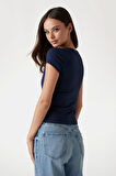 Kadın Pony Hair Logo T-Shirt - Lacivert | S