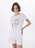 Guess Yuvarlak Yaka Baskılı Beyaz Kadın T-Shirt CN SS LOVE TRIANGLE - MID ORGANIC S