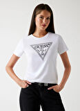 Guess Yuvarlak Yaka Baskılı Beyaz Kadın T-Shirt Krystal Kadın Regular Fit T-Shirt