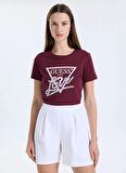 Guess Yuvarlak Yaka Baskılı Kırmızı Kadın T-Shirt Pearls Kadın Regular Fit T-Shirt