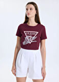Guess Yuvarlak Yaka Baskılı Kırmızı Kadın T-Shirt Pearls Kadın Regular Fit T-Shirt