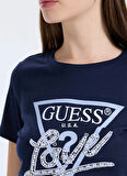 Guess Yuvarlak Yaka Baskılı Mavi Kadın T-Shirt Pearls Kadın Regular Fit T-Shirt