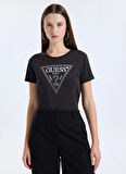 Guess Yuvarlak Yaka Baskılı Kahve Kadın T-Shirt Krystal Kadın Regular Fit T-Shirt