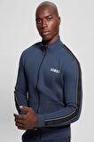 Guess Erkek Mavi Logolu Fermuarlı Sweatshirt