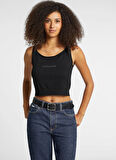 Guess Jeans Yuvarlak Yaka Düz Siyah Kadın Bluz GJ SCOOP GUESS J EMB - REC POLY CHE