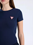 Guess Yuvarlak Yaka Baskılı Mavi Kadın T-Shirt Mini Triangle Kadın Slim Fit T-Shir
