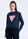 Guess Yuvarlak Yaka Baskılı Mavi Kadın Sweatshırt Original Fleece Kadın Sweatshirt