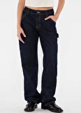 Guess Yüksek Bel Düz Paça Relaxed Lacivert Kadın Denim Pantolon GO ZIP CARPENTER PAN - CO RUFUS RG