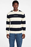 Erkek Triko Çizgili Bisiklet Yaka Kazak - Lacivert/Ekru | S