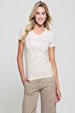 Guess Kadın Beyaz Üçgen Logo V Yaka T-Shirt