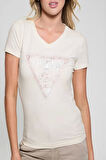 Guess Kadın Beyaz Üçgen Logo V Yaka T-Shirt