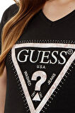 Guess Kadın Siyah Üçgen Logo V Yaka T-Shirt