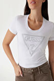 Guess Kadın Parlak Üçgen Logolu Beyaz T-Shirt