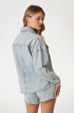 Kadın Western Shacket Suni Taş İşlemeli Denim Ceket - Mavi | L