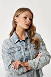 Kadın Western Shacket Suni Taş İşlemeli Denim Ceket - Mavi | L