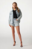 Kadın Western Shacket Suni Taş İşlemeli Denim Ceket - Mavi | L