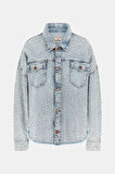 Kadın Western Shacket Suni Taş İşlemeli Denim Ceket - Mavi | L