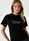 Guess Yuvarlak Yaka Baskılı Siyah Kadın T-Shirt Tour Kadın Boxy Fit T-Shirt