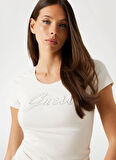 Guess Yuvarlak Yaka Baskılı Bej Kadın T-Shirt Embro Kadın Slim Fit T-Shirt