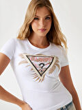 Guess Triangle Kadın Beyaz Slim Fit T-Shirt W5YI13J1314-G011