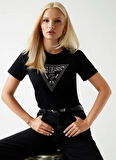 Guess Yuvarlak Yaka Baskılı Siyah Kadın T-Shirt Krystal Kadın Regular Fit T-Shirt