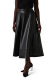 Kadın Yüksek Bel A Kesim Suni Deri Etek - Siyah | S