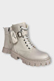 Kadın Çanta Detay Yüksek Kalın Taban Bağcıklı Fermuarlı Bot BEJ