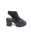 ALBİNİ SİYAH DERİ KADIN PLATFORM SANDALET AYAKKABI