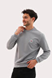Erkek Gri Mare Jaker Kumaş Bisiklet Yaka Uzun Kollu Sweatshirt - 7656