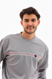 Erkek Gri Mare Jaker Kumaş Bisiklet Yaka Göğüste Şerit Nakışlı Uzun Kollu Sweatshirt - 7657