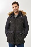Erkek Lacivert Standart Fit Çıkarılabilir Kürklü Kapüşonlu Desenli Soğuk Geçirmez Yünlü Kaşe Kaban