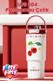 DILLER Tumbler 880 ML Tek Kapak Çift Kullanım Pipetli/Pipetsiz Taşıma Kulplu Çelik Termos-FFD9505-880ml