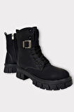 Kalın Taban Fermuarlı Postal Kadın Bot SİYAH - GÜMÜŞ