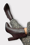 Kalın Topuk Sivri Burun Fermuarlı Kadın Bot KAHVERENGİ