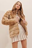 Kadın Camel Şık Peluş Suni Kürk Ceket HZL23W-DSB110061