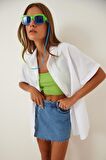 Kadın Beyaz Oversize Uzun Kısa Kollu Basic Poplin Gömlek HZL22S-BD1201201