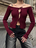 Kadın Bordo Önden Bağlamalı Madonna Yaka Crop Bluz HZL25W-ZK10331