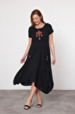 Kadın Siyah Nakış Detaylı Cepli Şalvar Elbise HZL25S-VM10361