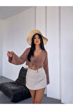 Kadın Camel Önden Bağlamalı Müslin Kumaş Crop Bluz  HZL25S-DSB104071
