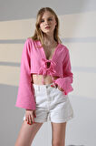 Kadın Pembe Önden Bağlamalı Müslin Kumaş Crop Bluz HZL25S-DSB104071