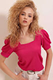 Kadın Fuşya Kare Yaka Örme Bluz HZL22W-BD104091