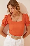 Kadın Oranj Kare Yaka Örme Bluz Hzl22w-bd104091