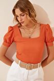 Kadın Oranj Kare Yaka Örme Bluz Hzl22w-bd104091