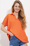 Kadın Oranj Polo Yaka Geniş Kesim Örme Bluz HZL24S-BD104861