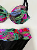 Kadın Siyah Çok Renk Desenli  Astarlı Büyük Beden Bikini Takımı HZL25S-LC06